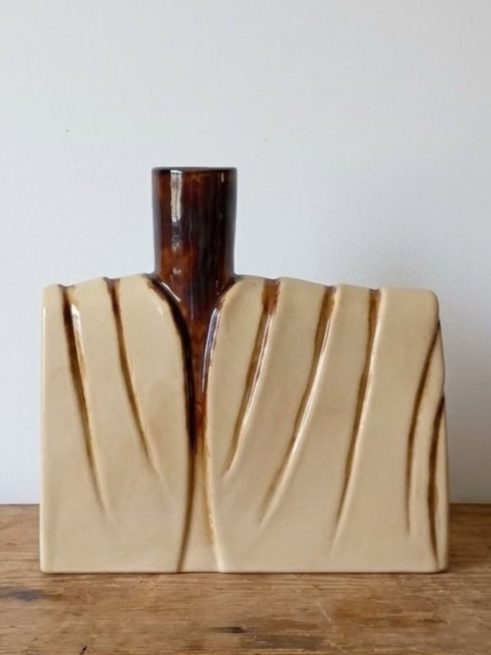 Vintage Studio Art Pottery Rectangular Vase Tan Brown Drip Glaze MCM Style 13"